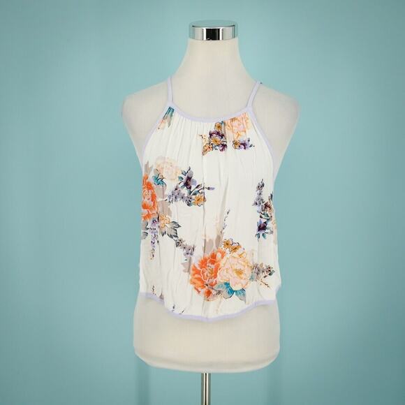 Free People Size Small S Floral Halter Tie Neck Spaghetti Strap Button Tank Top - Picture 1 of 7